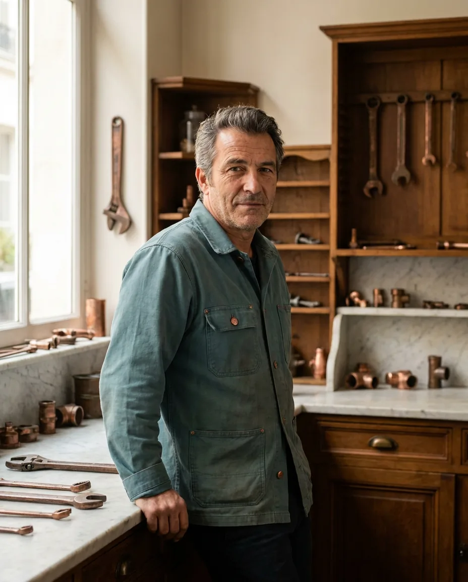Technicien MV Plomberie en uniforme vert sapin dans un atelier scandinave éco-responsable